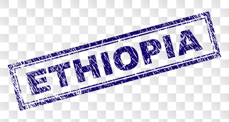 ETHIOPIA stamp seal imprint with rubber print style and double framed rectangle shape. Stamp is placed on a transparent background. Blue vector rubber print of ETHIOPIA tag with grunge texture.のイラスト素材