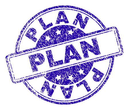 PLAN stamp seal watermark with grunge texture. Designed with rounded rectangles and circles. Blue vector rubber print of PLAN label with corroded texture.のイラスト素材