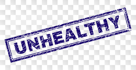 UNHEALTHY stamp seal watermark with rubber print style and double framed rectangle shape. Stamp is placed on a transparent background. Blue vector rubber print of UNHEALTHY label with dust texture.のイラスト素材