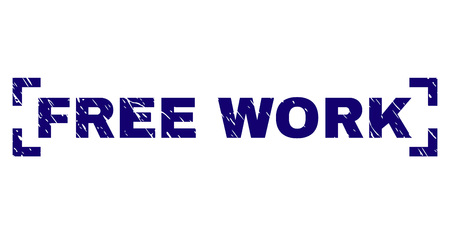 FREE WORK text seal print with corroded texture. Text title is placed inside corners. Blue vector rubber print of FREE WORK with corroded texture.のイラスト素材