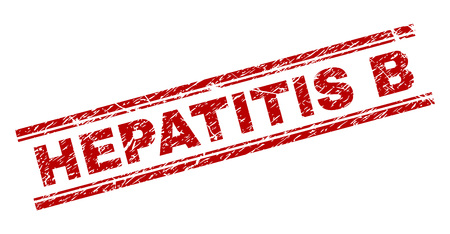 HEPATITIS B seal imprint with grunge texture. Red vector rubber print of HEPATITIS B text with grunge texture. Text caption is placed between double parallel lines.のイラスト素材