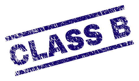 CLASS B seal print with grunge style. Blue vector rubber print of CLASS B text with corroded texture. Text title is placed between parallel lines.のイラスト素材