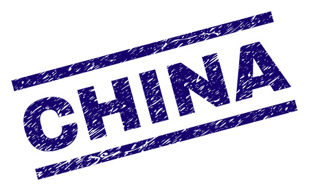 CHINA seal print with grunge style. Blue vector rubber print of CHINA text with retro texture. Text caption is placed between parallel lines.のイラスト素材
