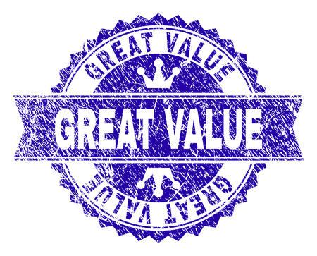 GREAT VALUE rosette stamp imprint with distress style. Designed with round rosette, ribbon and small crowns. Blue vector rubber print of GREAT VALUE tag with grunge style.のイラスト素材