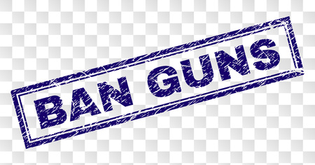 BAN GUNS stamp seal print with dirty style and double framed rectangle shape. Stamp is placed on a transparent background. Blue vector rubber print of BAN GUNS tag with dirty texture.のイラスト素材