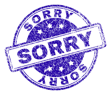 SORRY stamp seal imprint with grunge effect. Designed with rounded rectangles and circles. Blue vector rubber print of SORRY label with grunge texture.のイラスト素材