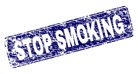 STOP SMOKING stamp seal print with distress style. Seal shape is a rounded rectangle with frame. Blue vector rubber print of STOP SMOKING label with scratched style.のイラスト素材