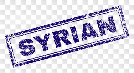 SYRIAN stamp seal print with distress style and double framed rectangle shape. Stamp is placed on a transparent background. Blue vector rubber print of SYRIAN caption with scratched texture.のイラスト素材