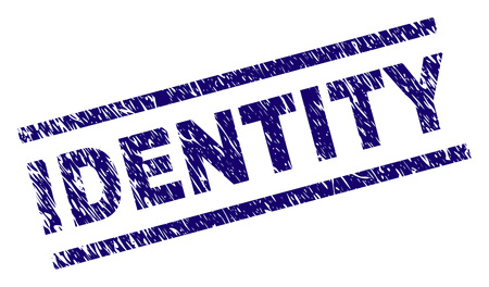 IDENTITY seal print with scratced style. Blue vector rubber print of IDENTITY title with corroded texture. Text title is placed between parallel lines.のイラスト素材