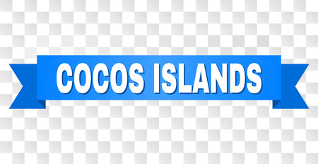 COCOS ISLANDS text on a ribbon. Designed with white caption and blue stripe. Vector banner with COCOS ISLANDS tag on a transparent background.のイラスト素材
