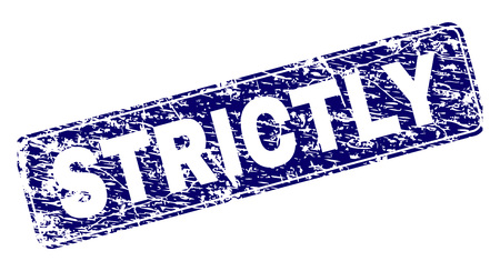 STRICTLY stamp seal print with grunge texture. Seal shape is a rounded rectangle with frame. Blue vector rubber print of STRICTLY label with unclean texture.のイラスト素材