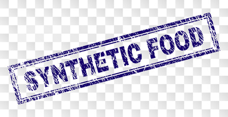 SYNTHETIC FOOD stamp seal print with rubber print style and double framed rectangle shape. Stamp is placed on a transparent background.のイラスト素材