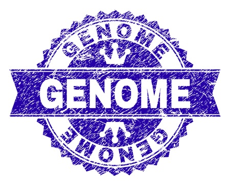 GENOME rosette stamp watermark with distress texture. Designed with round rosette, ribbon and small crowns. Blue vector rubber watermark of GENOME text with dirty texture.のイラスト素材
