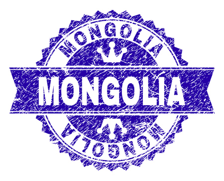 MONGOLIA rosette seal watermark with grunge style. Designed with round rosette, ribbon and small crowns. Blue vector rubber watermark of MONGOLIA caption with grunge texture.のイラスト素材