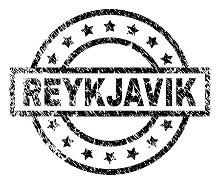 REYKJAVIK stamp seal watermark with distress style. Designed with rectangle, circles and stars. Black vector rubber print of REYKJAVIK label with dust texture.のイラスト素材