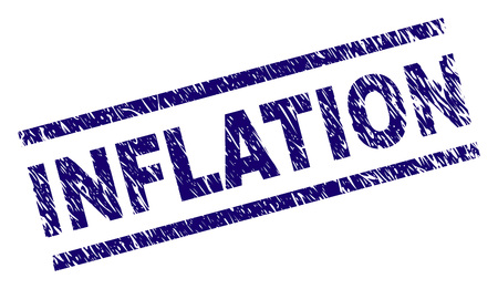 INFLATION seal print with grunge style. Blue vector rubber print of INFLATION title with dirty texture. Text title is placed between parallel lines.のイラスト素材