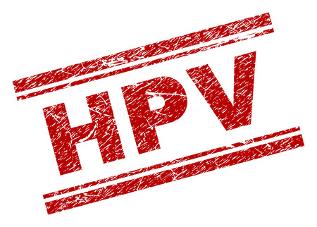 HPV seal print with grunge texture. Red vector rubber print of HPV tag with dust texture. Text tag is placed between double parallel lines.のイラスト素材