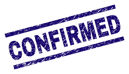 CONFIRMED seal print with distress style. Blue vector rubber print of CONFIRMED tag with retro texture. Text tag is placed between parallel lines.のイラスト素材