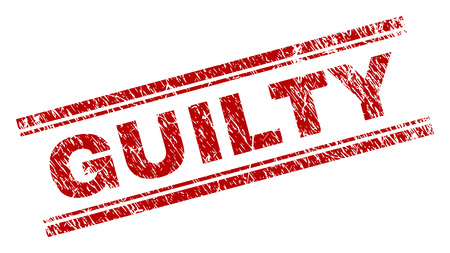 GUILTY seal print with grunge texture. Red vector rubber print of GUILTY text with retro texture. Text caption is placed between double parallel lines.のイラスト素材
