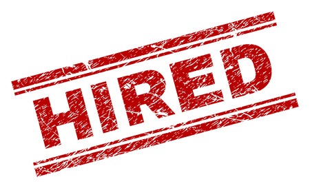 HIRED seal stamp with distress texture. Red vector rubber print of HIRED text with retro texture. Text caption is placed between double parallel lines.のイラスト素材