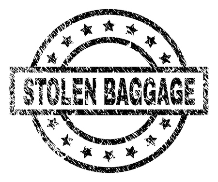 STOLEN BAGGAGE stamp seal watermark with distress style. Designed with rectangle, circles and stars. Black vector rubber print of STOLEN BAGGAGE label with retro texture.のイラスト素材