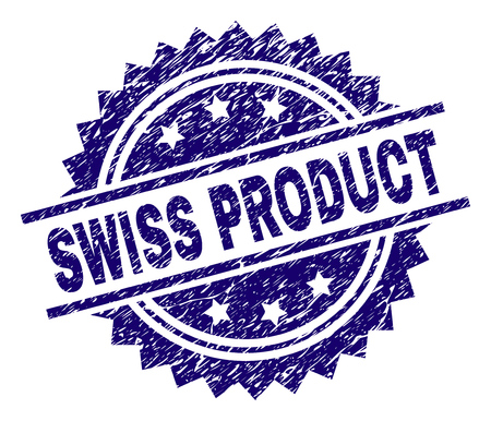 SWISS PRODUCT stamp seal watermark with distress style. Blue vector rubber print of SWISS PRODUCT tag with scratched texture.のイラスト素材