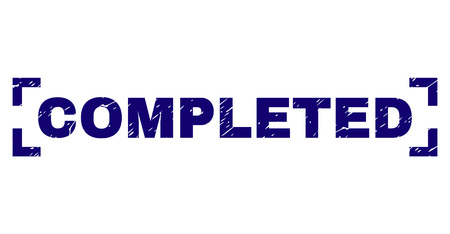 COMPLETED text seal print with distress texture. Text caption is placed between corners. Blue vector rubber print of COMPLETED with retro texture.のイラスト素材