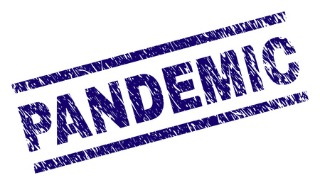 PANDEMIC seal print with grunge style. Blue vector rubber print of PANDEMIC caption with corroded texture. Text title is placed between parallel lines.のイラスト素材