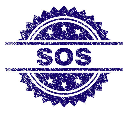 SOS stamp seal watermark with distress style. Blue vector rubber print of SOS tag with corroded texture.のイラスト素材