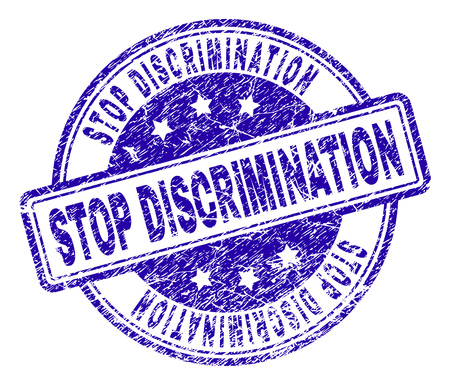 STOP DISCRIMINATION stamp seal watermark with grunge texture. Designed with rounded rectangles and circles. Blue vector rubber print of STOP DISCRIMINATION title with retro texture.のイラスト素材