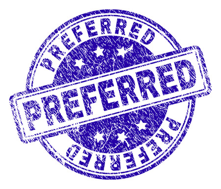PREFERRED stamp seal imprint with grunge texture. Designed with rounded rectangles and circles. Blue vector rubber print of PREFERRED tag with dirty texture.のイラスト素材