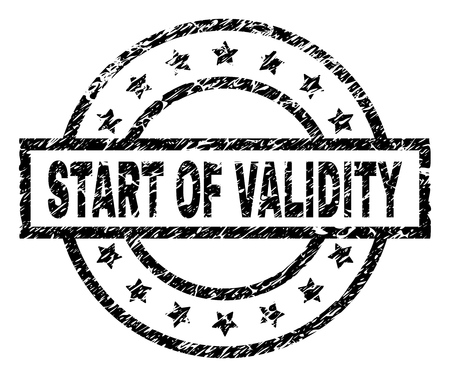 START OF VALIDITY stamp seal watermark with distress style. Designed with rectangle, circles and stars. Black vector rubber print of START OF VALIDITY title with dust texture.のイラスト素材