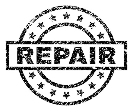 REPAIR stamp seal watermark with distress style. Designed with rectangle, circles and stars. Black vector rubber print of REPAIR caption with retro texture.のイラスト素材