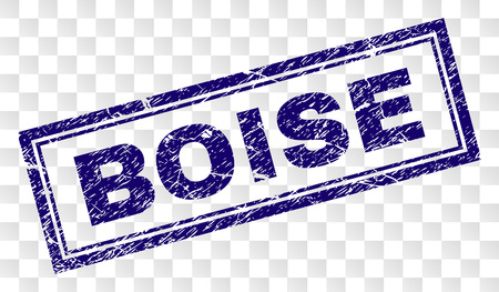 BOISE stamp seal print with grainy style and double framed rectangle shape. Stamp is placed on a transparent background. Blue vector rubber print of BOISE label with grunge texture.のイラスト素材