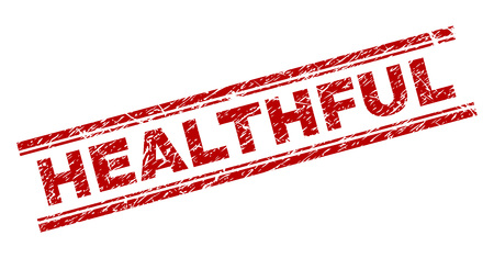 HEALTHFUL seal print with grunge texture. Red vector rubber print of HEALTHFUL text with dust texture. Text tag is placed between double parallel lines.のイラスト素材