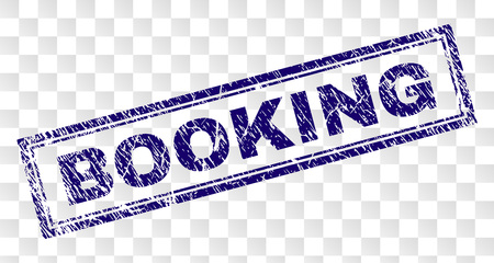 BOOKING stamp seal print with rubber print style and double framed rectangle shape. Stamp is placed on a transparent background. Blue vector rubber print of BOOKING text with dust texture.のイラスト素材