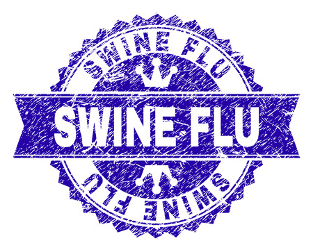 SWINE FLU rosette stamp seal imprint with grunge texture. Designed with round rosette, ribbon and small crowns. Blue vector rubber print of SWINE FLU label with dirty texture.のイラスト素材