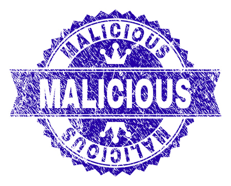 MALICIOUS rosette stamp seal watermark with grunge texture. Designed with round rosette, ribbon and small crowns. Blue vector rubber watermark of MALICIOUS title with scratched style.のイラスト素材