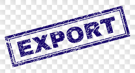 EXPORT stamp seal print with grunge style and double framed rectangle shape. Stamp is placed on a transparent background. Blue vector rubber print of EXPORT label with grunge texture.のイラスト素材