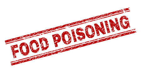 FOOD POISONING seal print with grunge texture. Red vector rubber print of FOOD POISONING caption with unclean texture. Text caption is placed between double parallel lines.のイラスト素材