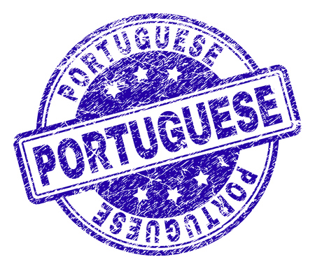 PORTUGUESE stamp seal watermark with grunge texture. Designed with rounded rectangles and circles. Blue vector rubber print of PORTUGUESE text with grunge texture.のイラスト素材