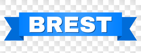 BREST text on a ribbon. Designed with white title and blue tape. Vector banner with BREST tag on a transparent background.のイラスト素材
