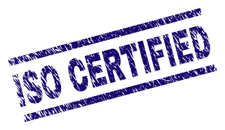 ISO CERTIFIED seal print with grunge style. Blue vector rubber print of ISO CERTIFIED label with scratched texture. Text label is placed between parallel lines.のイラスト素材