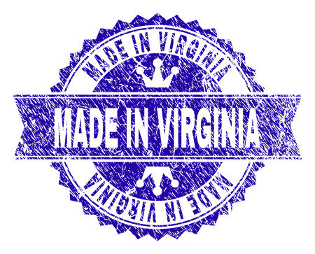 MADE IN VIRGINIA rosette stamp seal imitation with grunge style. Designed with round rosette, ribbon and small crowns. Blue vector rubber print of MADE IN VIRGINIA tag with grunge style.のイラスト素材