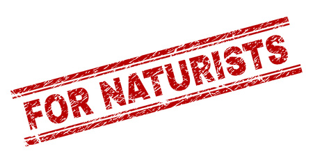 FOR NATURISTS seal print with corroded style. Red vector rubber print of FOR NATURISTS title with corroded texture. Text title is placed between double parallel lines.のイラスト素材