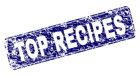 TOP RECIPES stamp seal print with distress style. Seal shape is a rounded rectangle with frame. Blue vector rubber print of TOP RECIPES label with unclean style.のイラスト素材