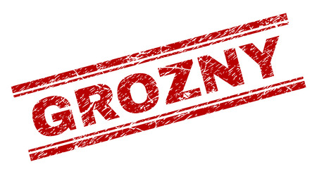 GROZNY seal watermark with distress texture. Red vector rubber print of GROZNY text with dust texture. Text tag is placed between double parallel lines.のイラスト素材