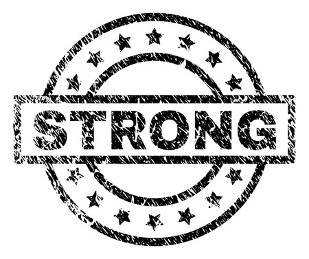 STRONG stamp seal watermark with distress style. Designed with rectangle, circles and stars. Black vector rubber print of STRONG title with dirty texture.のイラスト素材