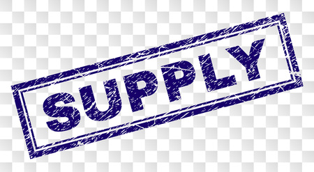 SUPPLY stamp seal print with rubber print style and double framed rectangle shape. Stamp is placed on a transparent background. Blue vector rubber print of SUPPLY label with dirty texture.のイラスト素材