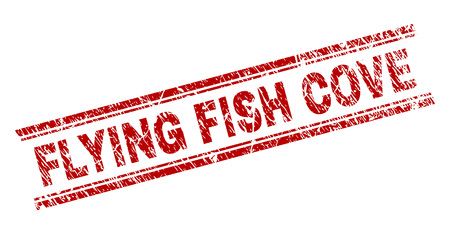FLYING FISH COVE seal print with distress texture. Red vector rubber print of FLYING FISH COVE text with dirty texture. Text label is placed between double parallel lines.のイラスト素材